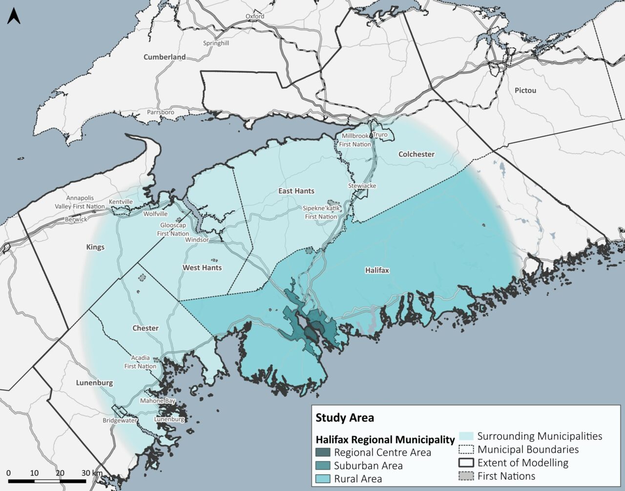 A map shows the study area for the regional transportation plan. It includes most of HRM, all of East Hants, all of West Hants, Chester, Mahone Bay, Lunenburg, Bridgewater, Wolfville, Kentville, Truro, Stewiacke, Millbrook First Nation, Sipekne'katik First Nation, Glooscap First nation, Windsor, Acadia First Nation, and Annapolis Valley First Nation