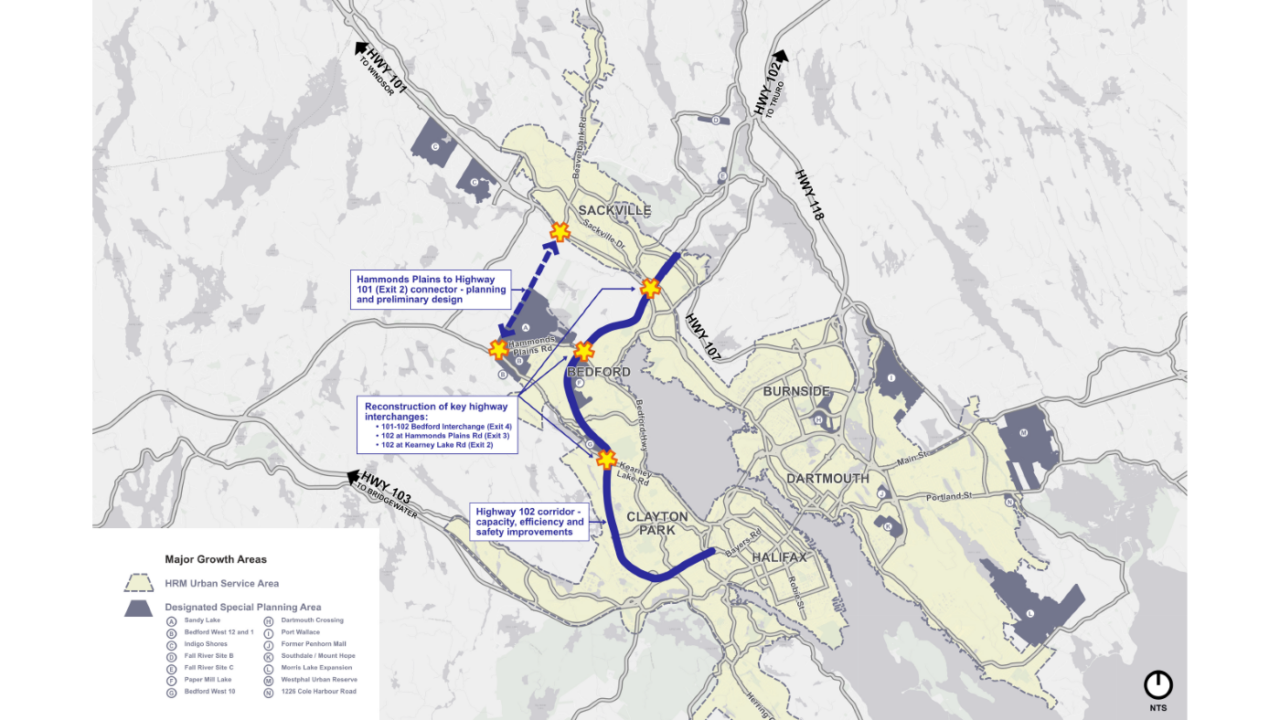 A map shows future upgrades to Highway 102 and a new roadway connecting Hammonds Plains Road and Highway 101